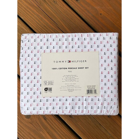 Tommy Hilfiger Nautical Anchor Printed Full Sheet Set 100% Cotton White Blue Red